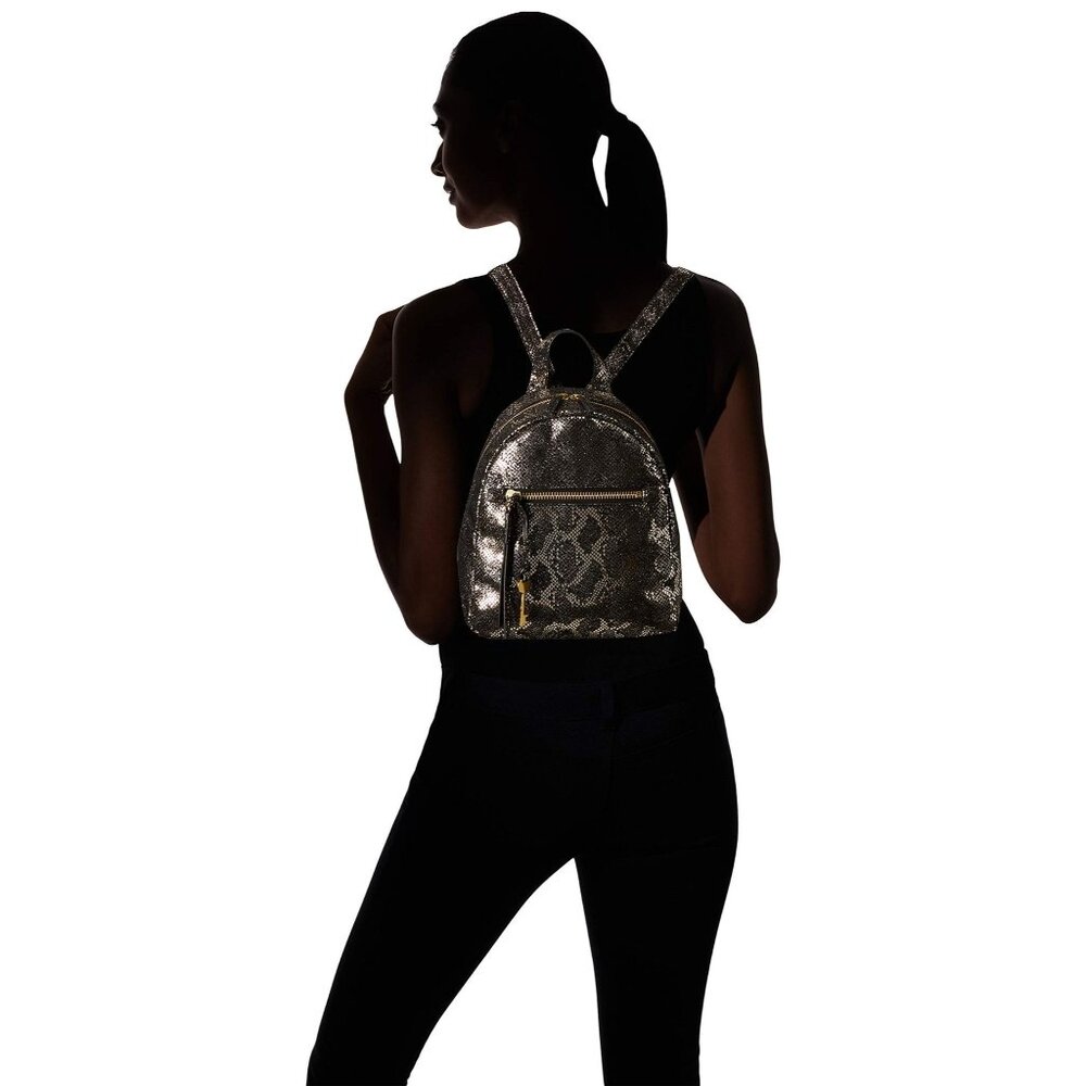 FOSSIL Megan Silver & Black Metallic Python Embossed Leather Backpack & Key - Picture 3 of 15